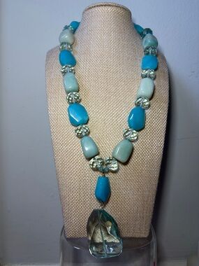 Genuine Stone & Aqua Glass Bead Statement Necklace
